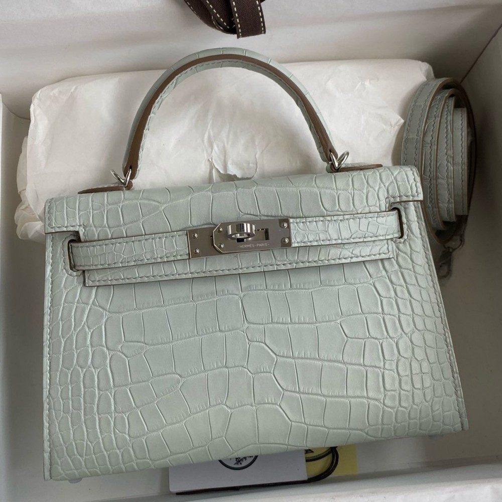 Hermes Kelly Mini II Sellier Handmade Bag In Gris Neve Matte Alligator Leather