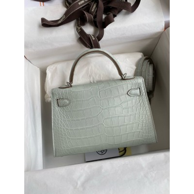 Hermes Kelly Mini II Sellier Handmade Bag In Gris Neve Matte Alligator Leather