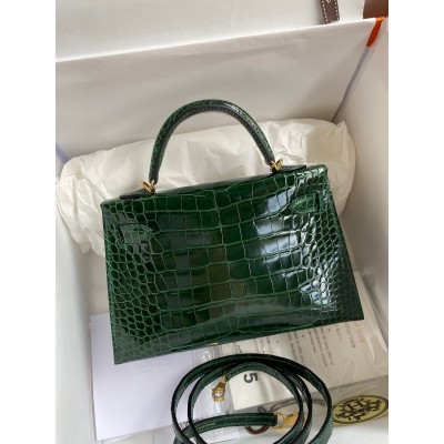 Hermes Kelly Mini II Sellier Handmade Bag In Malachite Shiny Alligator Leather