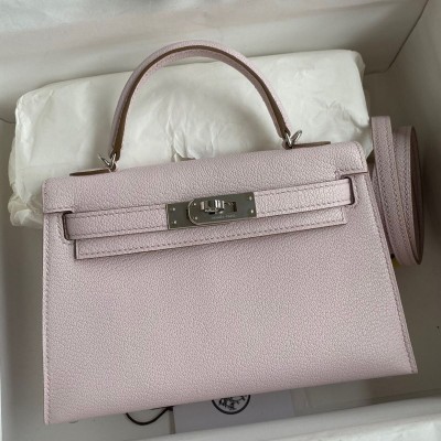 Hermes Kelly Mini II Sellier Handmade Bag In Mauve Pale Chevre Mysore Leather HSBS61345