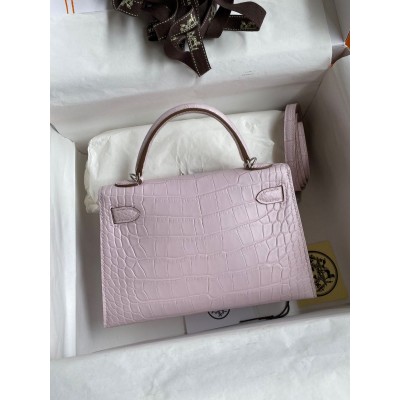 Hermes Kelly Mini II Sellier Handmade Bag In Mauve Pale Matte Alligator Leathe