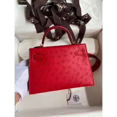 Hermes Kelly Mini II Sellier Handmade Bag In Red Ostrich Leather