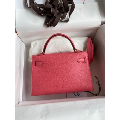 Hermes Kelly Mini II Sellier Handmade Bag In Rose Lipstick Chevre Mysore Leather