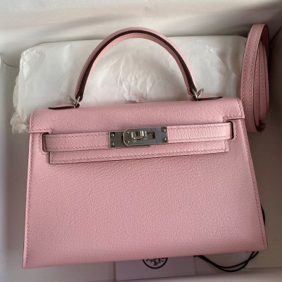 Hermes Kelly Mini II Sellier Handmade Bag In Rose Sakura Chevre Mysore Leather HSBS61378