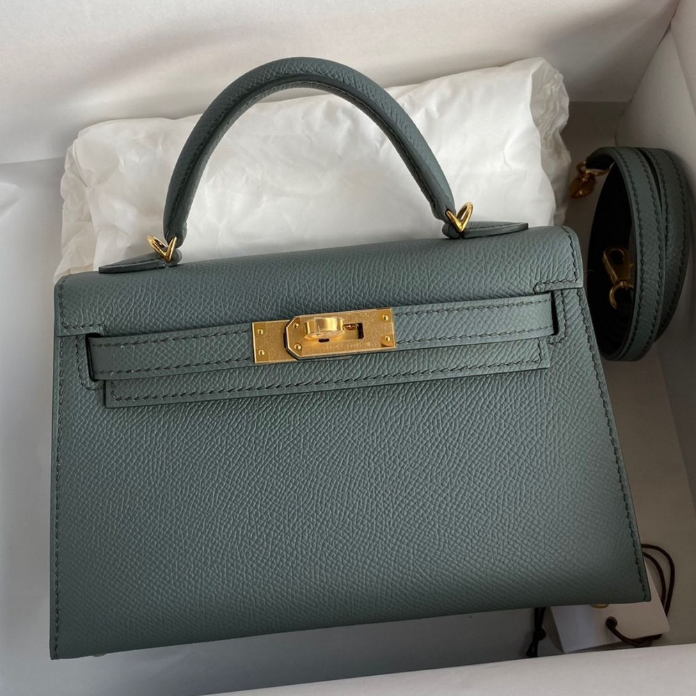 Hermes Kelly Mini II Sellier Handmade Bag In Vert Amande Epsom Calfskin