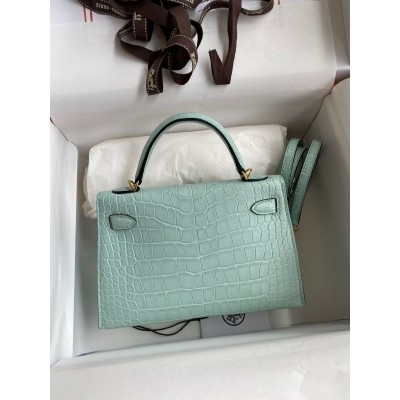 Hermes Kelly Mini II Sellier Handmade Bag In Vert D-eau Matte Alligator Leather