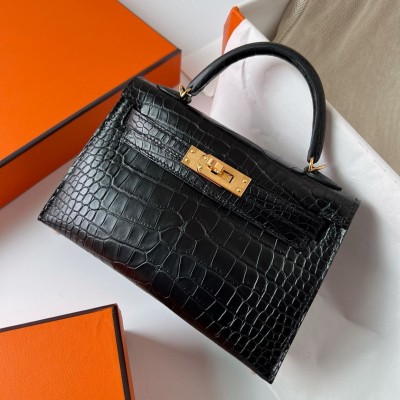 Hermes Kelly Mini II Sellier Handmade Bag in Black Matte Alligator Leather