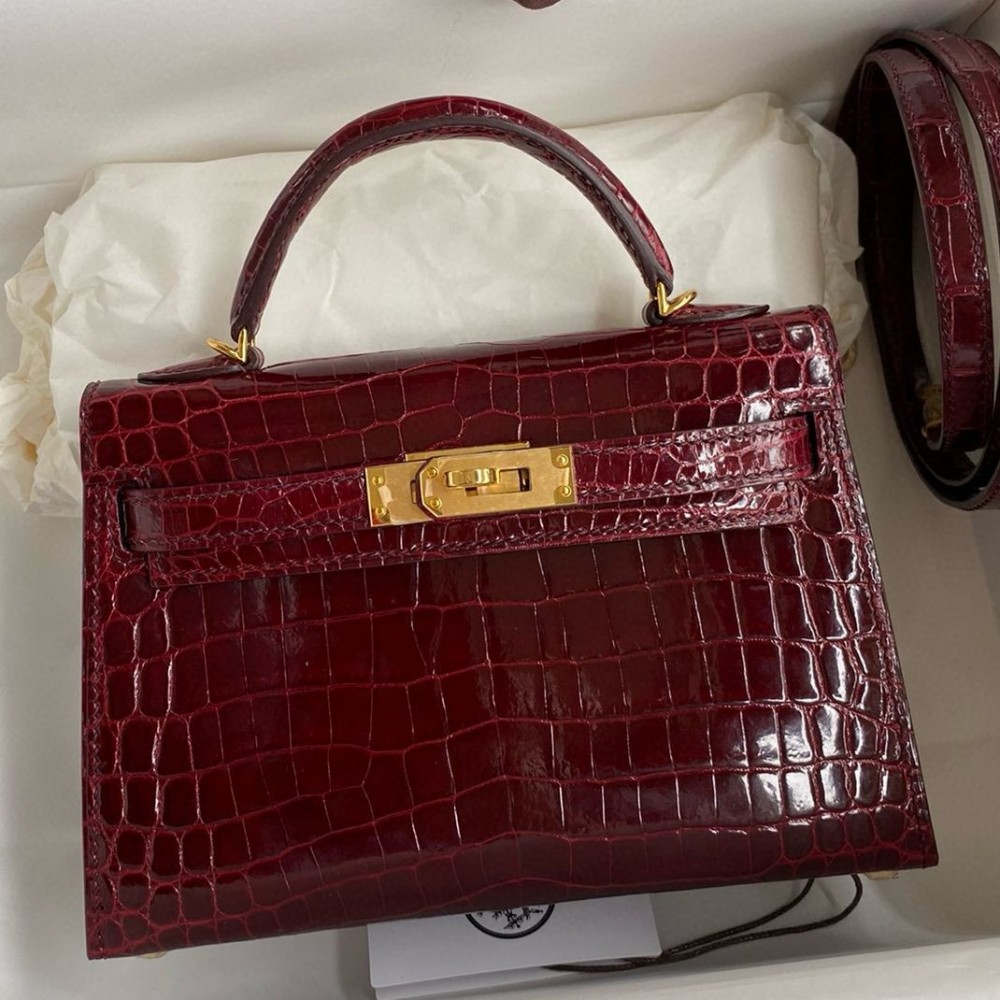 Hermes Kelly Mini II Sellier Handmade Bag in Bordeaux Shiny Alligator Leather