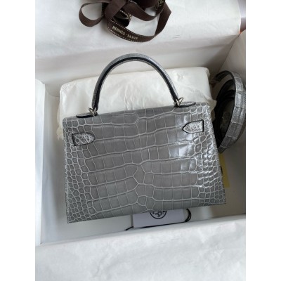 Hermes Kelly Mini II Sellier Handmade Bag in Gris Ciment Shiny Alligator Leather