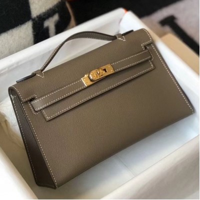 Hermes Kelly Pochette Bag In Taupe Grey Epsom Leather HSBS61357