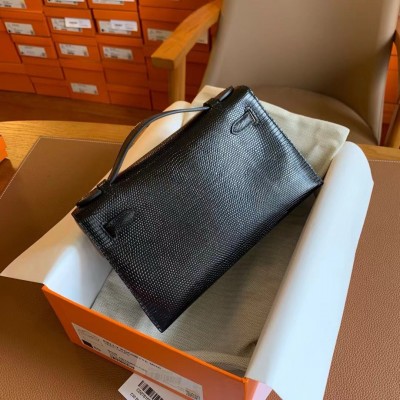 Hermes Kelly Pochette Handmade Bag In Black Lizard Skin