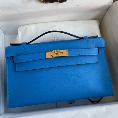 Hermes Kelly Pochette Handmade Bag In Blue Zanzibar Swift Calfskin HSBS61422