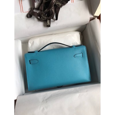 Hermes Kelly Pochette Handmade Bag In Blue du Nord Swift Calfskin