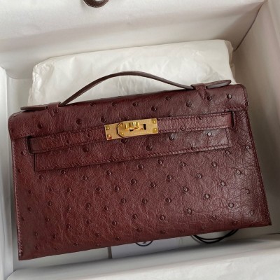 Hermes Kelly Pochette Handmade Bag In Bordeaux Ostrich Leather HSBS61426