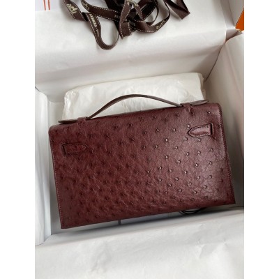 Hermes Kelly Pochette Handmade Bag In Bordeaux Ostrich Leather