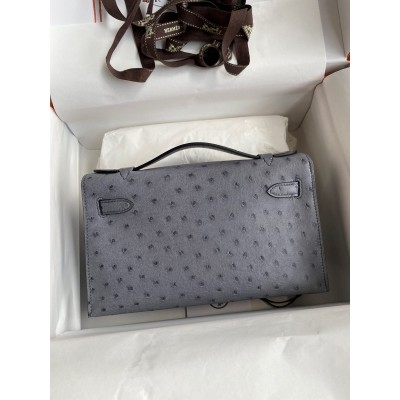 Hermes Kelly Pochette Handmade Bag In Gris Agate Ostrich Leather