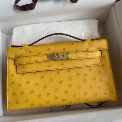 Hermes Kelly Pochette Handmade Bag In Jaune Ambre Ostrich Leather HSBS61404