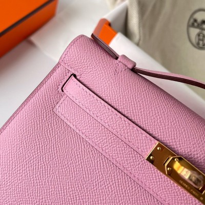 Hermes Kelly Pochette Handmade Bag In Mauve Sylvestre Epsom Calfskin