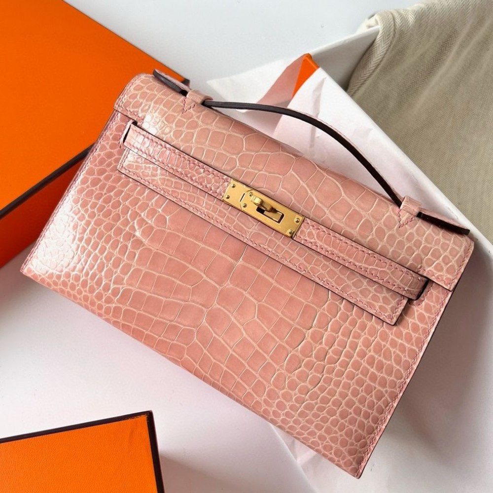 Hermes Kelly Pochette Handmade Bag In Nude Shiny Alligator Leather