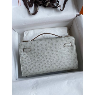 Hermes Kelly Pochette Handmade Bag In Pearl Grey Ostrich Leather