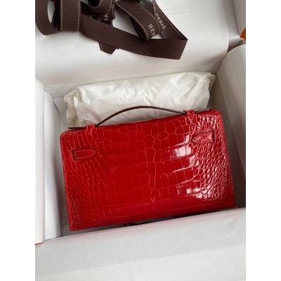 Hermes Kelly Pochette Handmade Bag In Red Shiny Alligator Leather