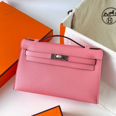 Hermes Kelly Pochette Handmade Bag In Rose Confetti Epsom Calfskin