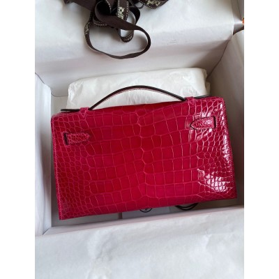 Hermes Kelly Pochette Handmade Bag In Rose Extreme Shiny Alligator Leather