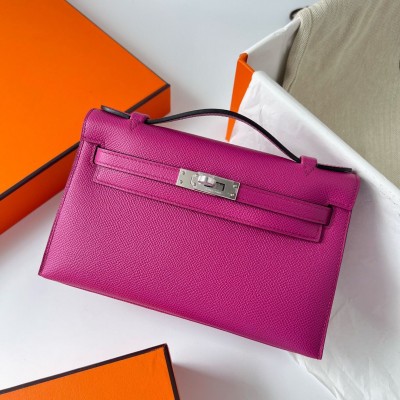 Hermes Kelly Pochette Handmade Bag In Rose Purple Epsom Calfskin