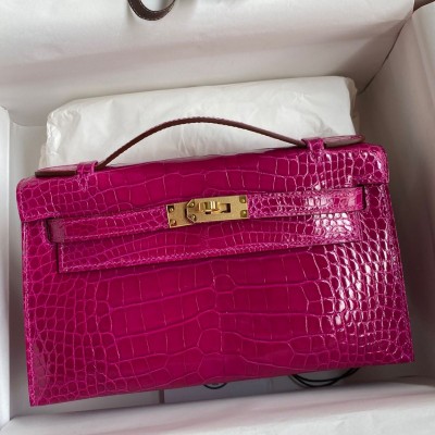 Hermes Kelly Pochette Handmade Bag In Rose Scheherazade Shiny Alligator Leather HSBS61441