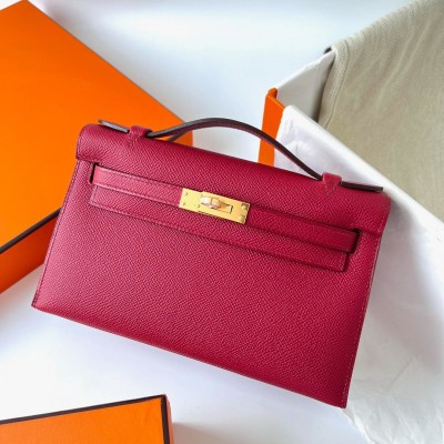 Hermes Kelly Pochette Handmade Bag In Rouge Grenat Epsom Calfskin