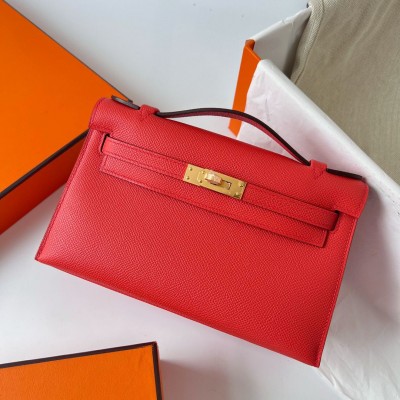 Hermes Kelly Pochette Handmade Bag In Rouge Piment Epsom Calfskin