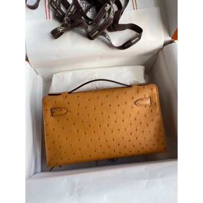 Hermes Kelly Pochette Handmade Bag In Sesame Ostrich Leather