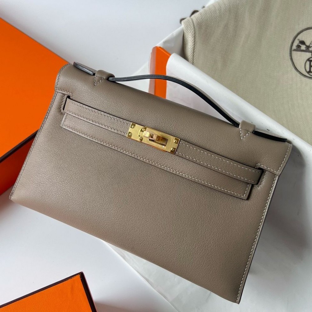 Hermes Kelly Pochette Handmade Bag In Taupe Swift Calfskin