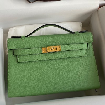 Hermes Kelly Pochette Handmade Bag In Vert Criquet Epsom Calfskin HSBS61459