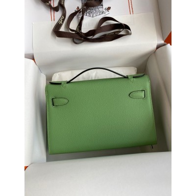 Hermes Kelly Pochette Handmade Bag In Vert Criquet Epsom Calfskin