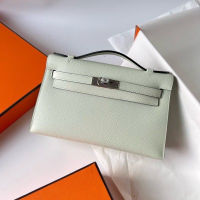 Hermes Kelly Pochette Handmade Bag In Vert Fizz Epsom Calfskin