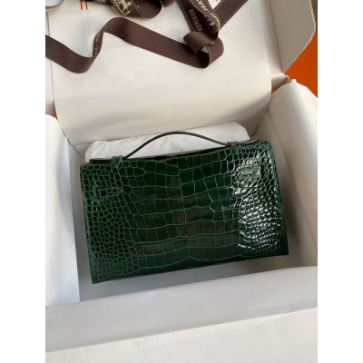 Hermes Kelly Pochette Handmade Bag In Vert Fonce Shiny Alligator Leather