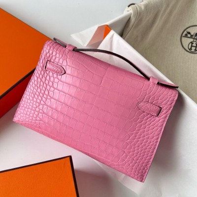 Hermes Kelly Pochette Handmade Bag in Rose Sakura Matte Alligator Leather