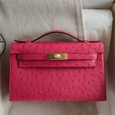 Hermes Kelly Pochette Handmade Bag in Rose Tyrien Ostrich Leather HSBS61448