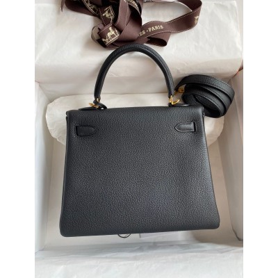 Hermes Kelly Retourne 25 Handmade Bag In Black Clemence Leather