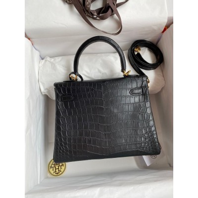 Hermes Kelly Retourne 25 Handmade Bag In Black Crocodile Niloticus Matte Skin