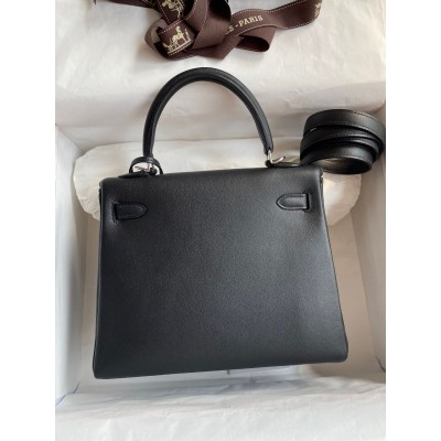 Hermes Kelly Retourne 25 Handmade Bag In Black Swift Calfskin