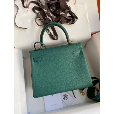 Hermes Kelly Retourne 25 Handmade Bag In Blue Paon Clemence Leather