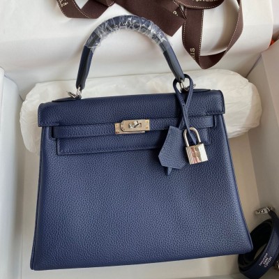 Hermes Kelly Retourne 25 Handmade Bag In Blue Saphir Clemence Leather HSBS61485