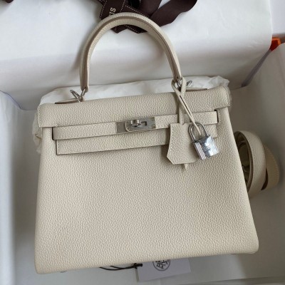 Hermes Kelly Retourne 25 Handmade Bag In Craie Clemence Leather HSBS61491