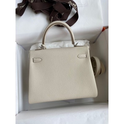 Hermes Kelly Retourne 25 Handmade Bag In Craie Clemence Leather