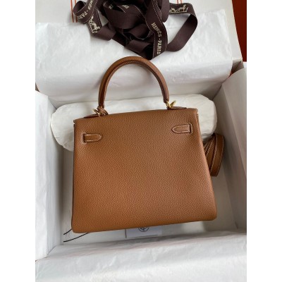 Hermes Kelly Retourne 25 Handmade Bag In Gold Clemence Leather