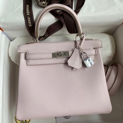 Hermes Kelly Retourne 25 Handmade Bag In Mauve Pale Swift Calfskin HSBS61494