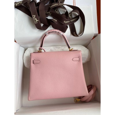 Hermes Kelly Retourne 25 Handmade Bag In Rose Sakura Clemence Leather