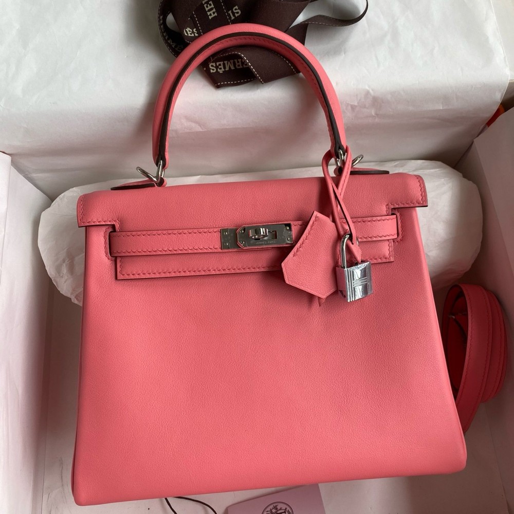 Hermes Kelly Retourne 25 Handmade Bag In Rose d-Ete Swift Calfskin